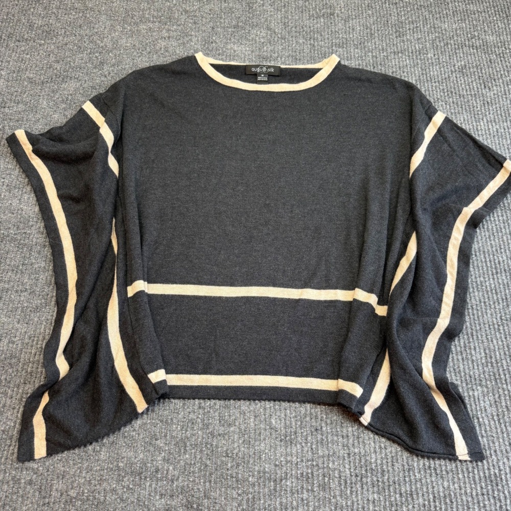 August Silk Poncho Sweater Women M Dark Gray Tan Colorblock Knit Cape Pullover